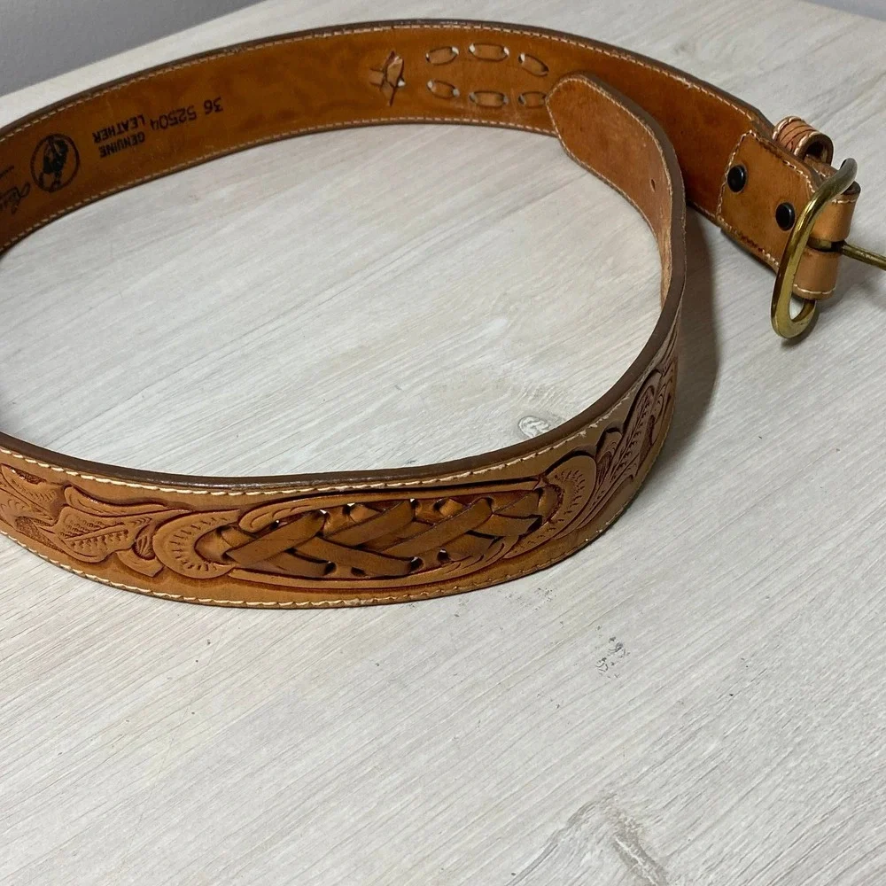 Larry Mahan Men Tan Leather Tooled Western Belt 36 Vintage Cowboy Country USA